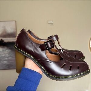 Dr. Martens Arianna Brown Leather Cut Out T-Bar Heeled‎ Sandals Women's Size 10